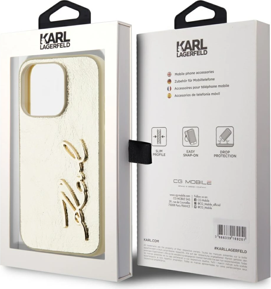 Mbështjellës Karl Lagerfeld Wrinkled Metal Signature për iPhone 15 Pro Max, Gold