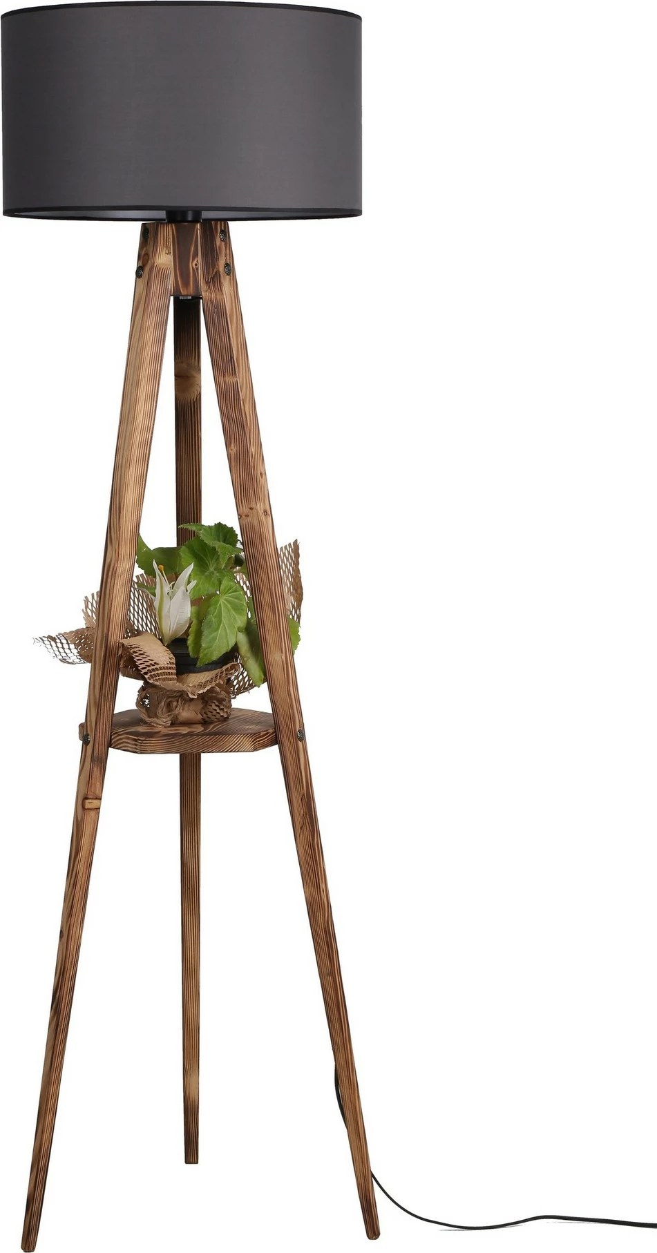 Llambë dyshemeje Opviq, tripod me rafte, abazhuri cilindrik, ngjyrë kafe dhe gri e errët