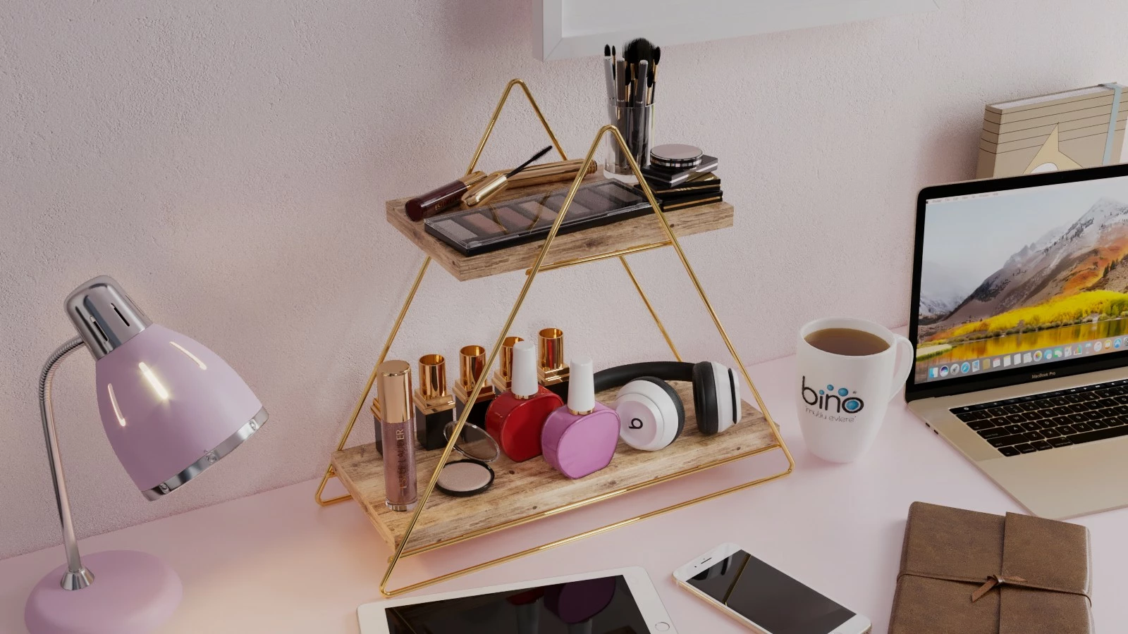 Raft muri prej druri të fortë, ngjyrë ari dhe kafe, Hanah Home, raf organizues shumë qëllimësh, 38x16x42cm