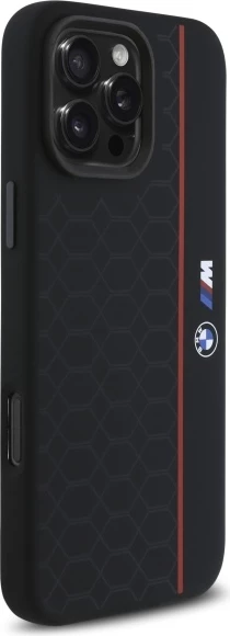 Mbështjellës BMW Silicone Hexagon Red Line MagSafe për iPhone 16 Pro Max, Zi