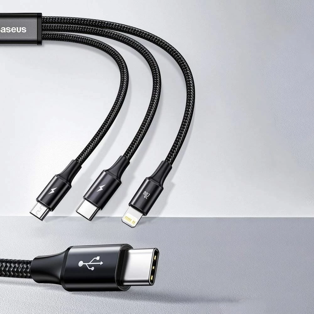 Kabllo USB Baseus Rapid 3in1 CAMLT-SC01, USB-C në USB-C + microUSB + Lightning, 1.5 m, 20W PD, e zezë, 1 copë