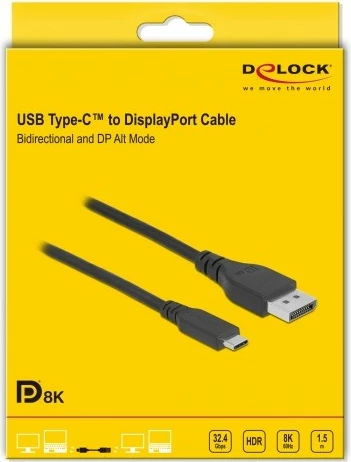 Kabllo USB Type-C në DisplayPort DeLOCK 8K 1.5m e zezë