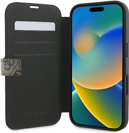 Mbështjellës Guess 4G Metal Logo për iPhone 16 Plus, kafe