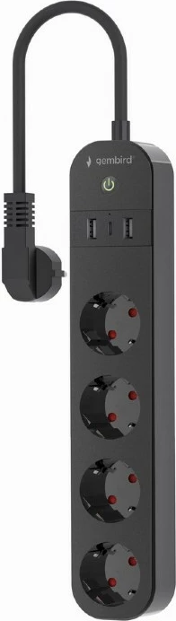 Zgjatës rryme smart Gembird TSL-PS-S4U-01, 4x Schuko, 2x USB-A, 1x USB-C, kabllo 1.5 m, zi