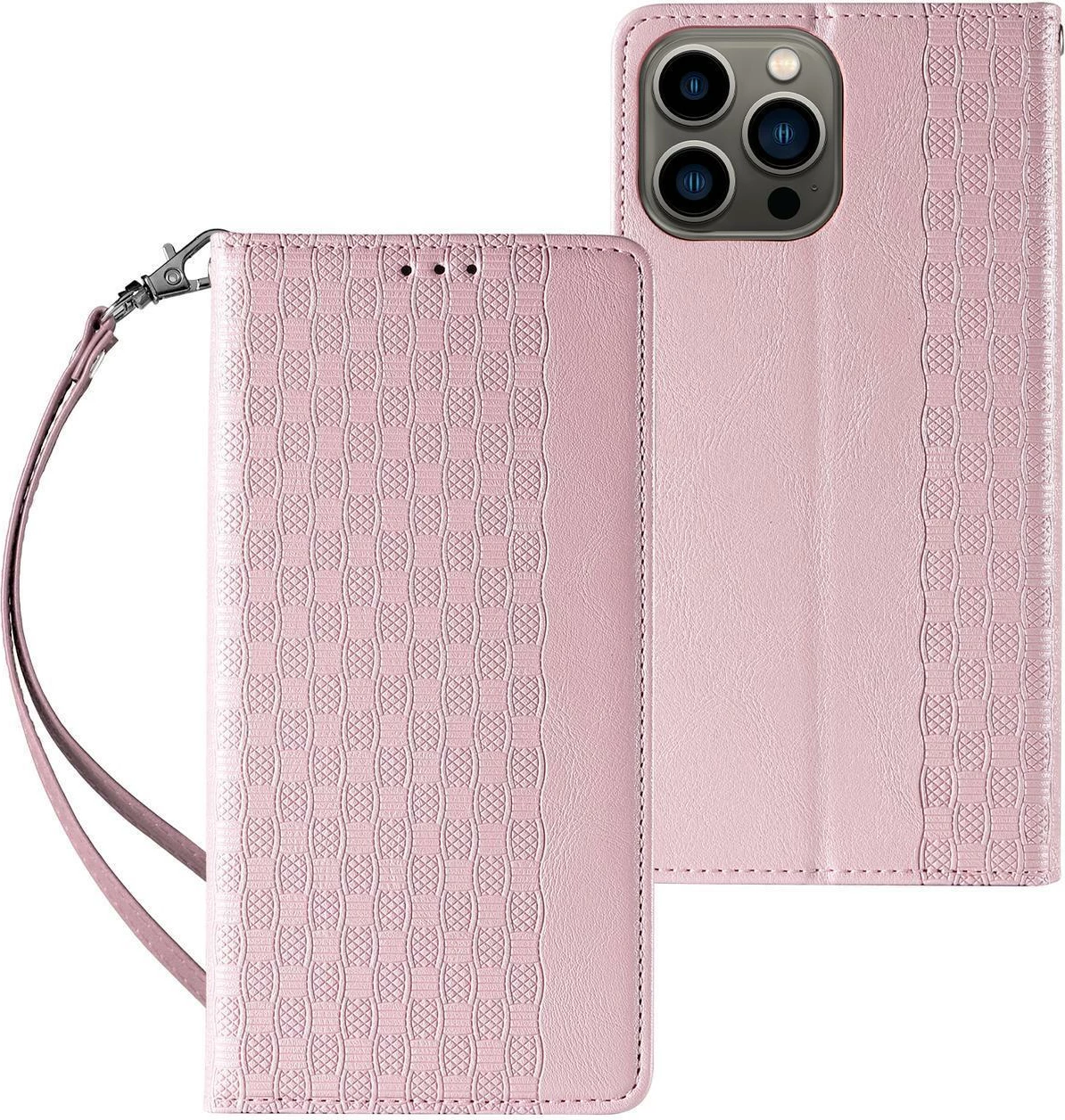 Mbështjellës Hurtel Magnet Strap Case për iPhone 14, flip wallet me rrip dore, rozë