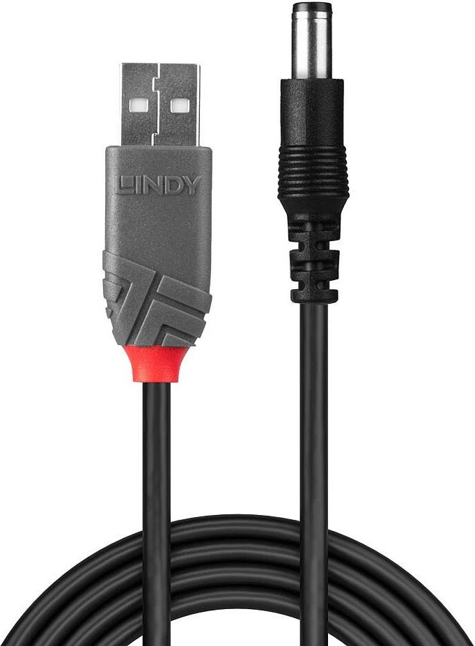 Kabllo adapter LINDY USB 2.0 në DC 5.5/2.5mm, 1.5m, e zezë