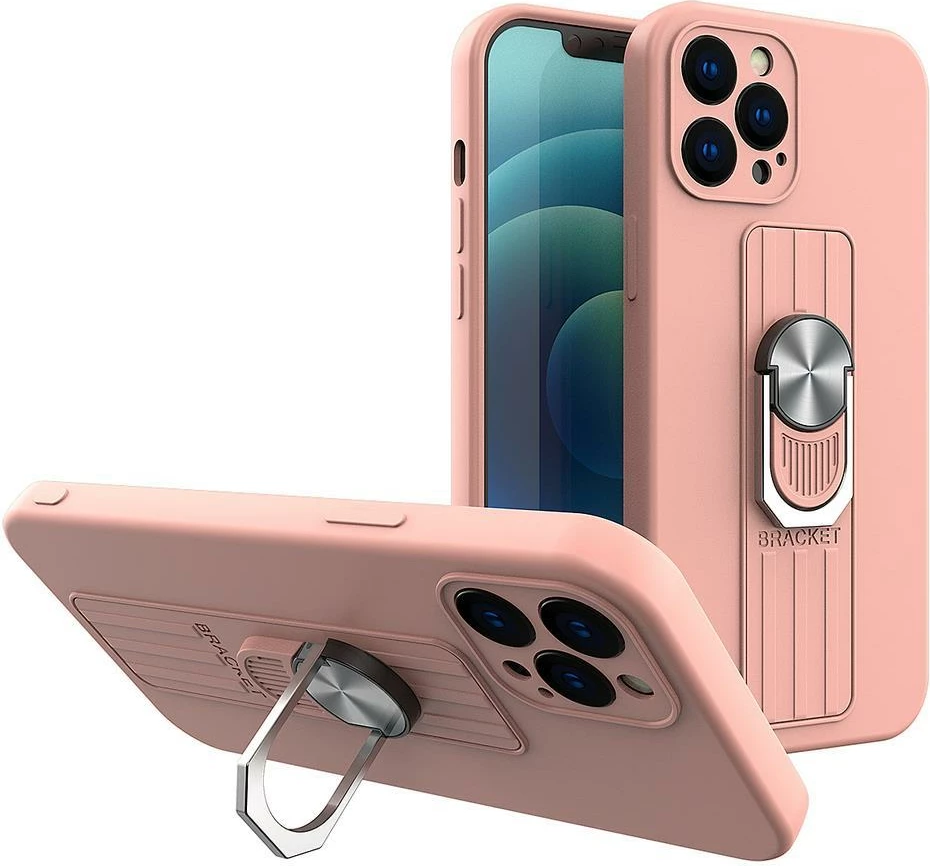 Mbështjellës silikoni Hurtel me ring dhe stand për Xiaomi Poco M4 Pro 5G, rozë