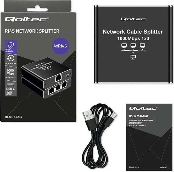Switch i vogël Qoltec 52294, 3 porta RJ45, 1Gb/s, alumini, USB-C
