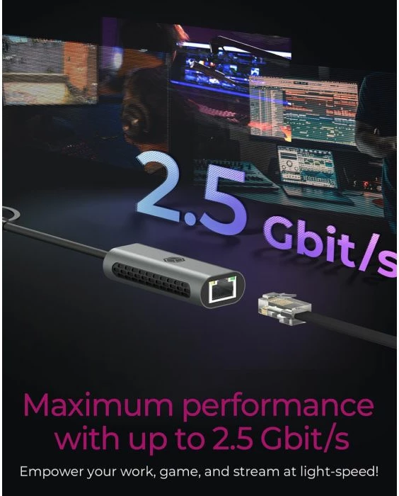 Adapter rrjeti USB-C/USB-A në Ethernet 2.5GbE, ICYBOX IB-LAN301-C3, kabllo 12 cm, gri e errët, me adapter USB-A