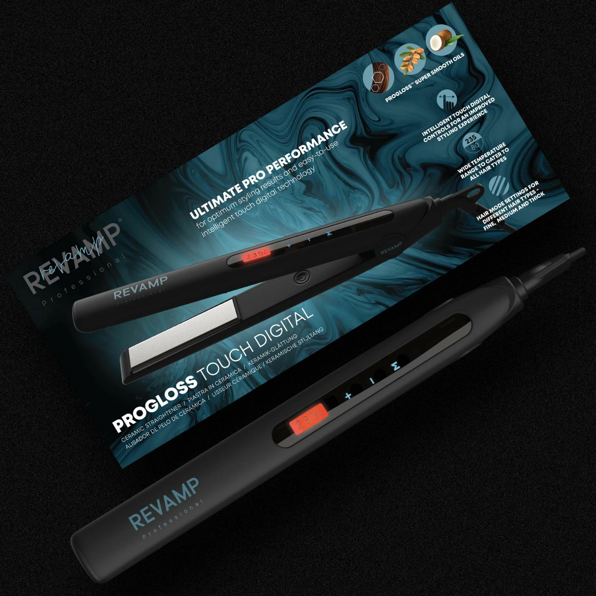 Drejtues flokësh Revamp Progloss Touch Digital ST-1500, 80-235°C, pllaka qeramike, i zi