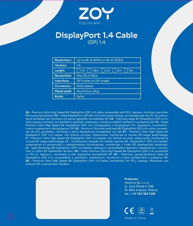 Kabel DisplayPort ZOY ZCD18 1.8m DP 1.4 8K 60Hz, gri