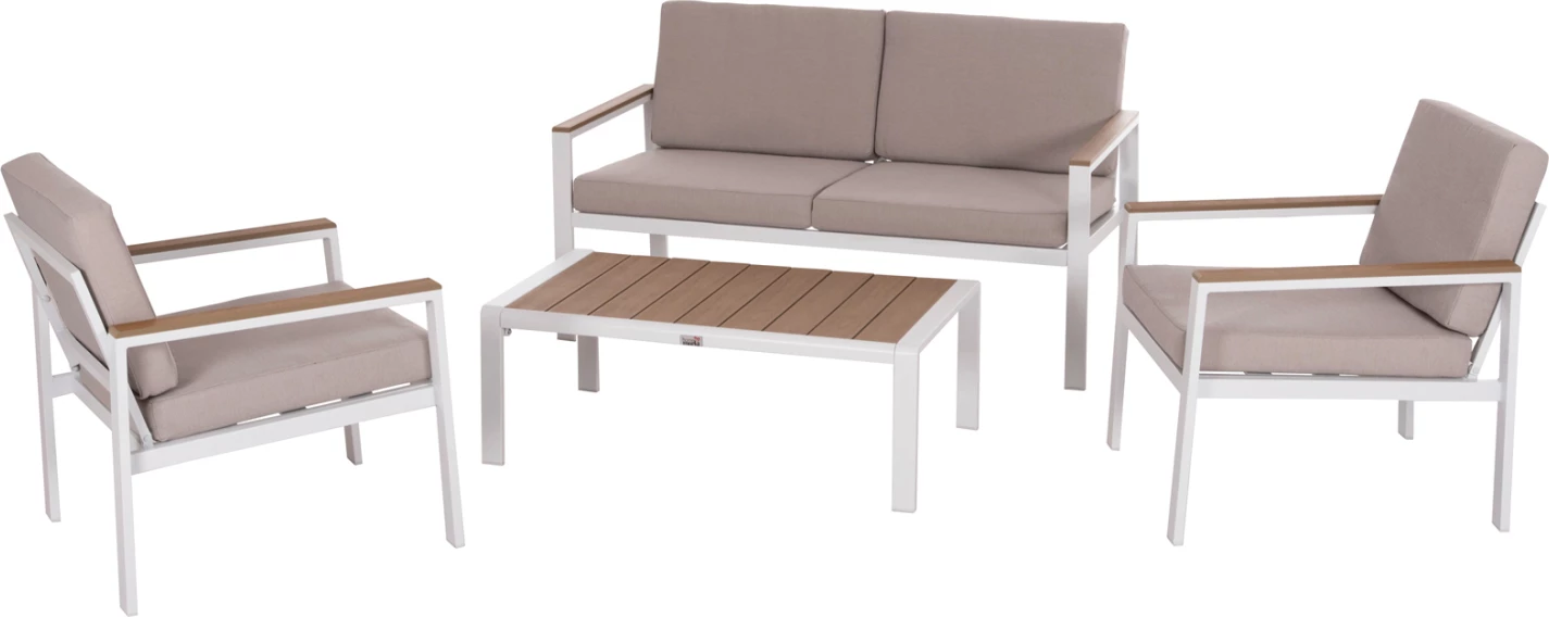 Set lounge për jashtë, 4 pjesë, SAFIN FH6278.01, alumin i bardhë, polywood, material OLEFIN bezhë