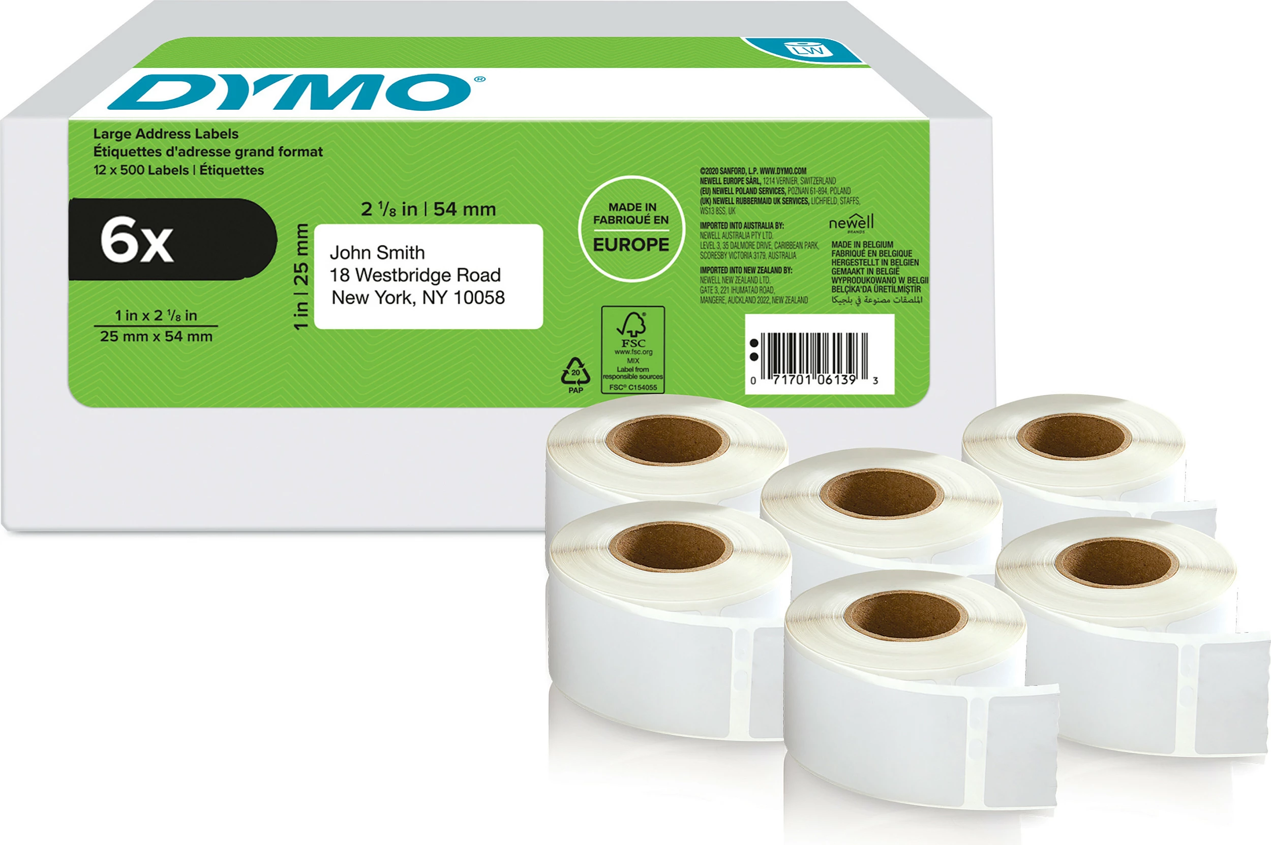 Etiketa Dymo LabelWriter, 54 x 25 mm, 6 x 500, ngjitje permanente, të bardha