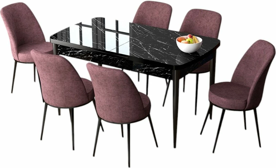 Tavolinë me karrige, zgjatshme, 7 copë, Skye Decor, ngjyrë mermeri të zi dhe rozë e zbehtë