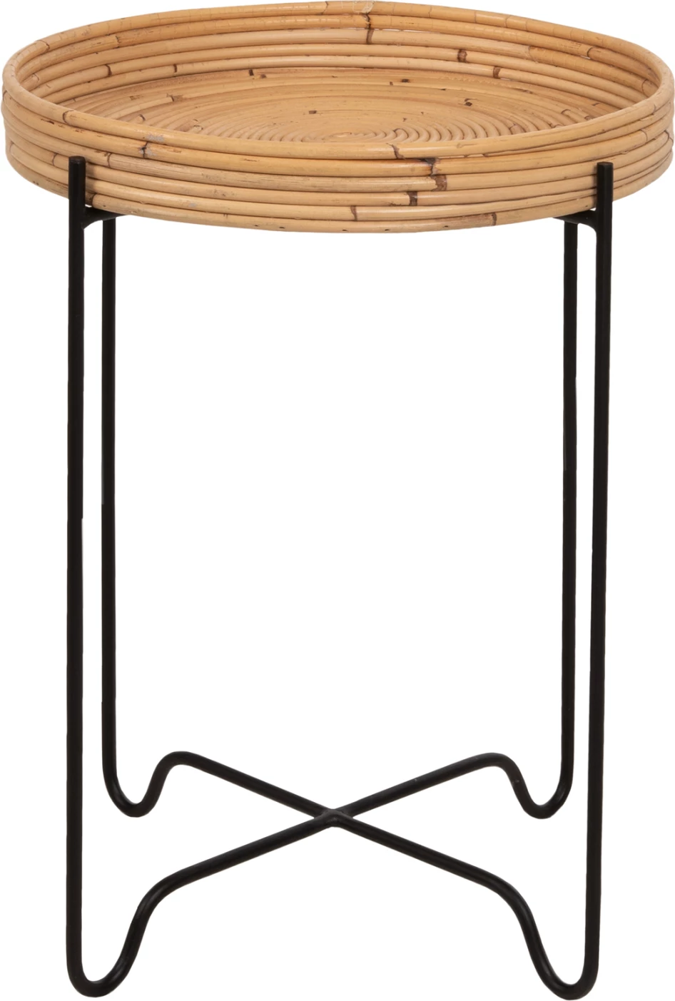 Tavolinë anësore rrethore FLY, rattan natyral, bazë metalike e zezë, Φ40x53H cm