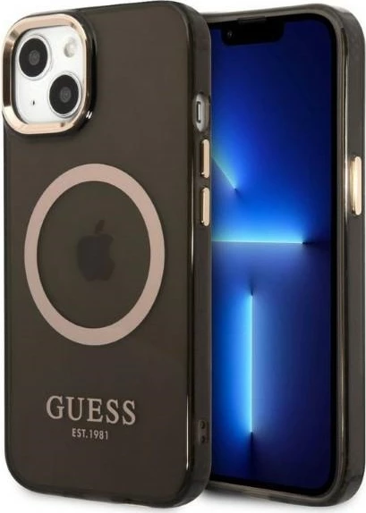 Mbështjellës Guess Gold Outline Translucent MagSafe për iPhone 13, i zi