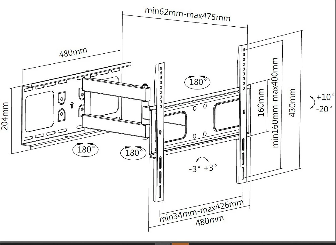 Mbajtëse muri për TV/Monitor EQUIP 32"-55", e lëvizshme, VESA 400x400, 50 kg, e zezë