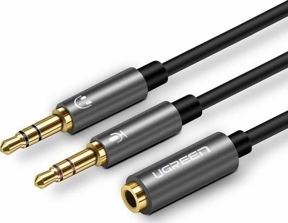 Adapter audio Ugreen AV140 (UGR233) splitter 3.5mm 1x femër në 2x mashkull, 0.28 m, gri