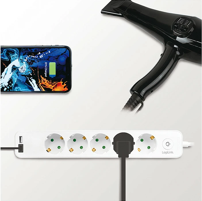 Zgjatues rryme LogiLink 5-prizë, 1.5m, 2xUSB 5V/2.1A max, i bardhë