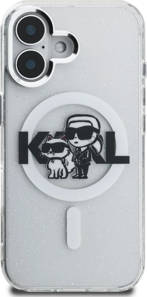 Mbështjellës MagSafe Karl Lagerfeld IML Glitter Karl & Choupette Sketch Logo për iPhone 16, transparent