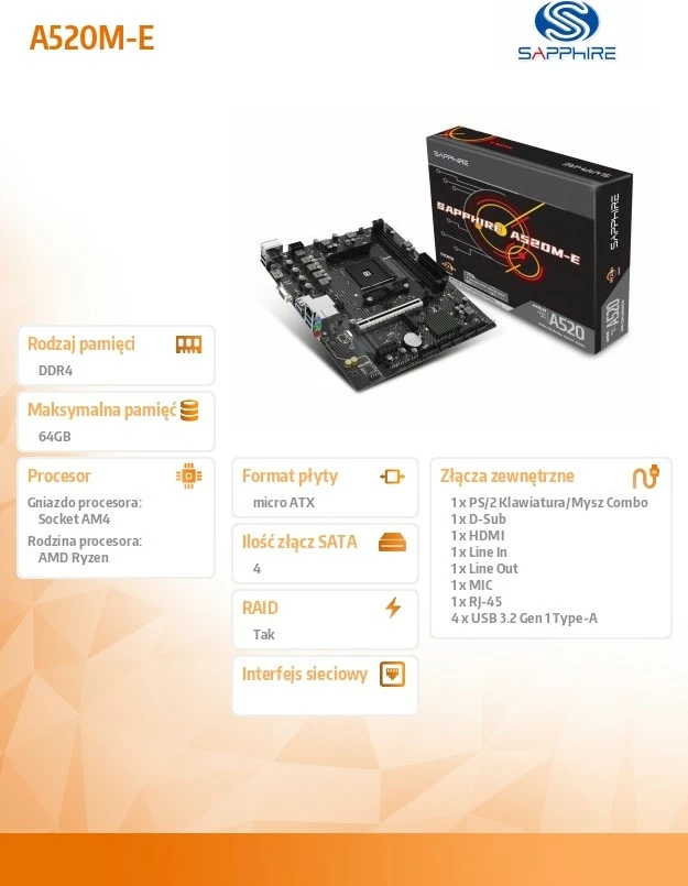 Pllakë amë, Sapphire, A520M-E, Socket AM4, AMD A520, mATX, 2x DDR4 deri 64GB, PCIe 3.0, M.2