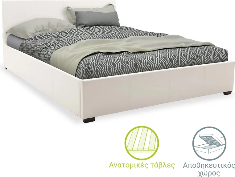 Krevat dopio Norse PU me hapsirë ruajtjeje, ngjyrë e bardhë matte, 160x200cm