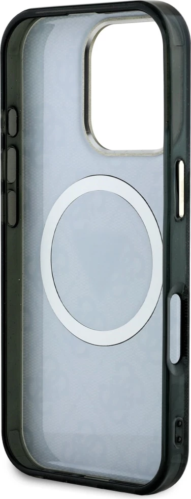 Mbështjellës Guess IML Metal Glitter 4G Circle Triangle MagSafe për iPhone 16 Pro, Zi