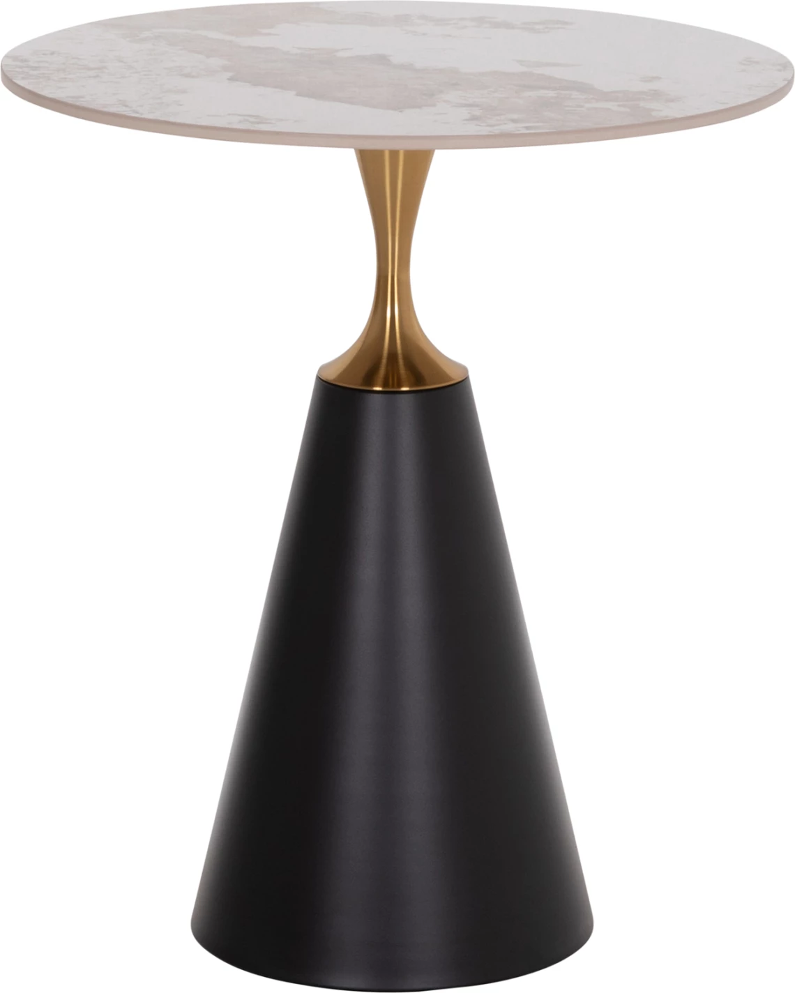 Tavolinë anësore Tucana, bazë metalike e zezë, detaje ari, sipërfaqe guri Pandora