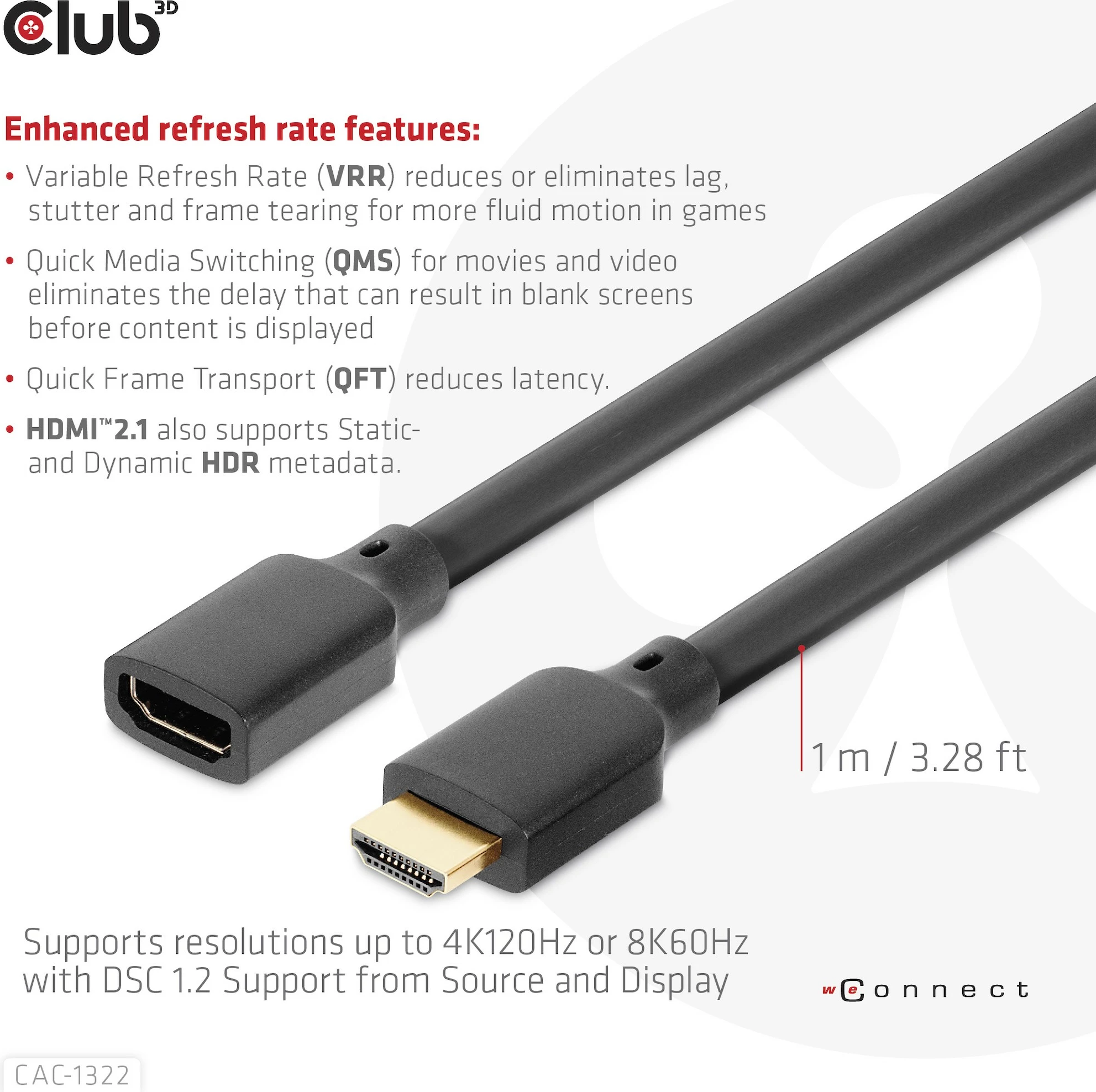 Kabllo HDMI zgjatues Club3D 2.1, 1m, e zezë