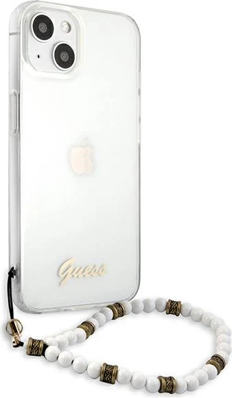 Mbështjellës Guess GUHCP13SKPSWH për iPhone 13 mini 5.4", transparent, me varëse perlë