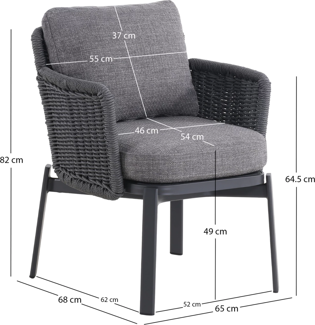 Karrige ngrënieje për jashtë, seri Destiny, alumin ngjyrë qymyr, jastëkë, ratan, 65x68x75.5-82H