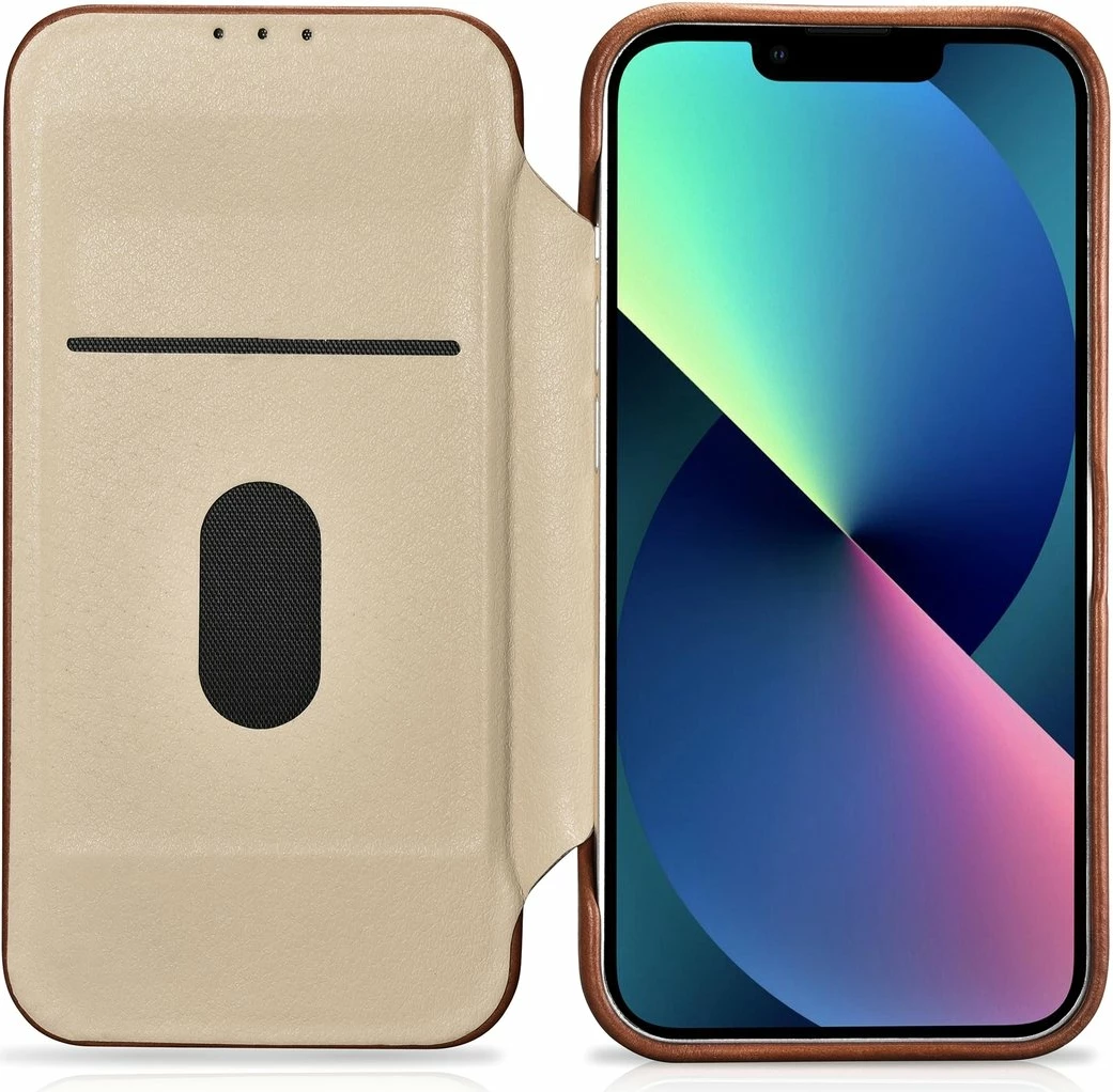 Mbështjellës iCarer Oil Wax Premium Leather Folio për iPhone 14 Plus, MagSafe, kafe