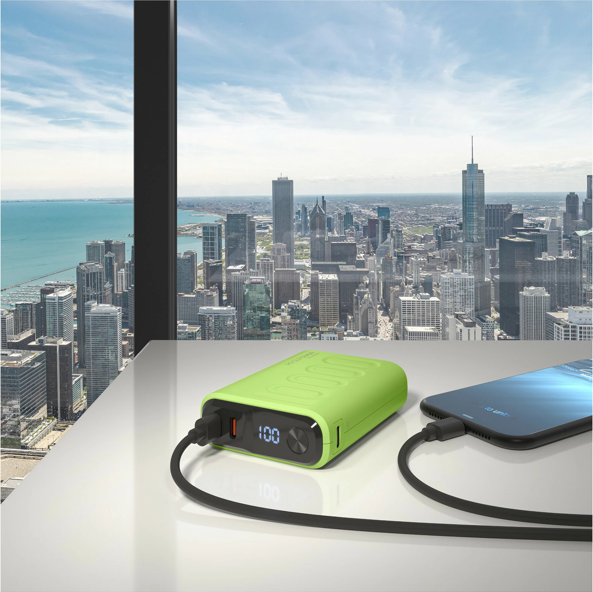 Power bank RealPower PB-10000C PD+, 10000 mAh, USB-C PD, ekran, i gjelbër i çelët