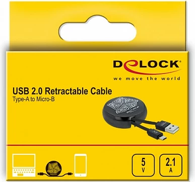 Kabllo USB DeLOCK retraktuese USB-A në Micro-USB, 0.92 m, USB 2.0, e zezë