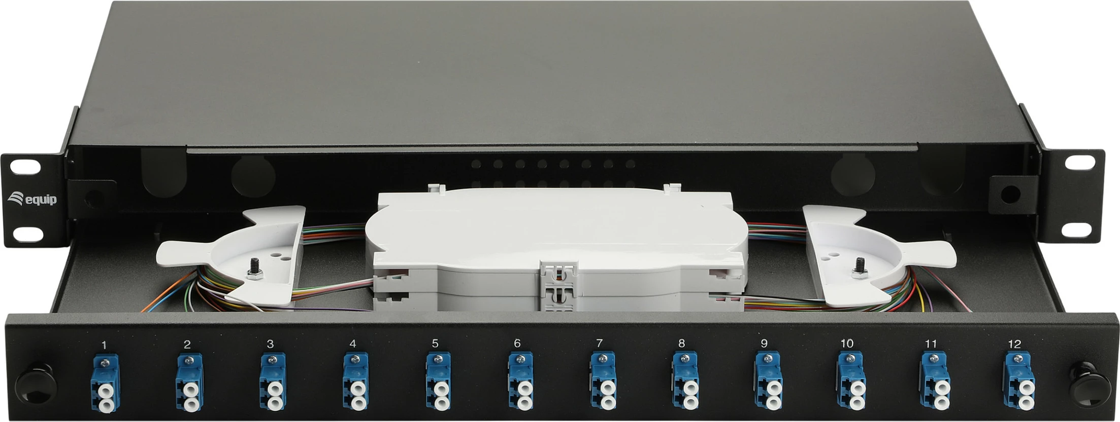Kuti splice fibër optike EQUIP 337200, 12-port LC Duplex, OS2, 1U rack 19", çelik, e zezë