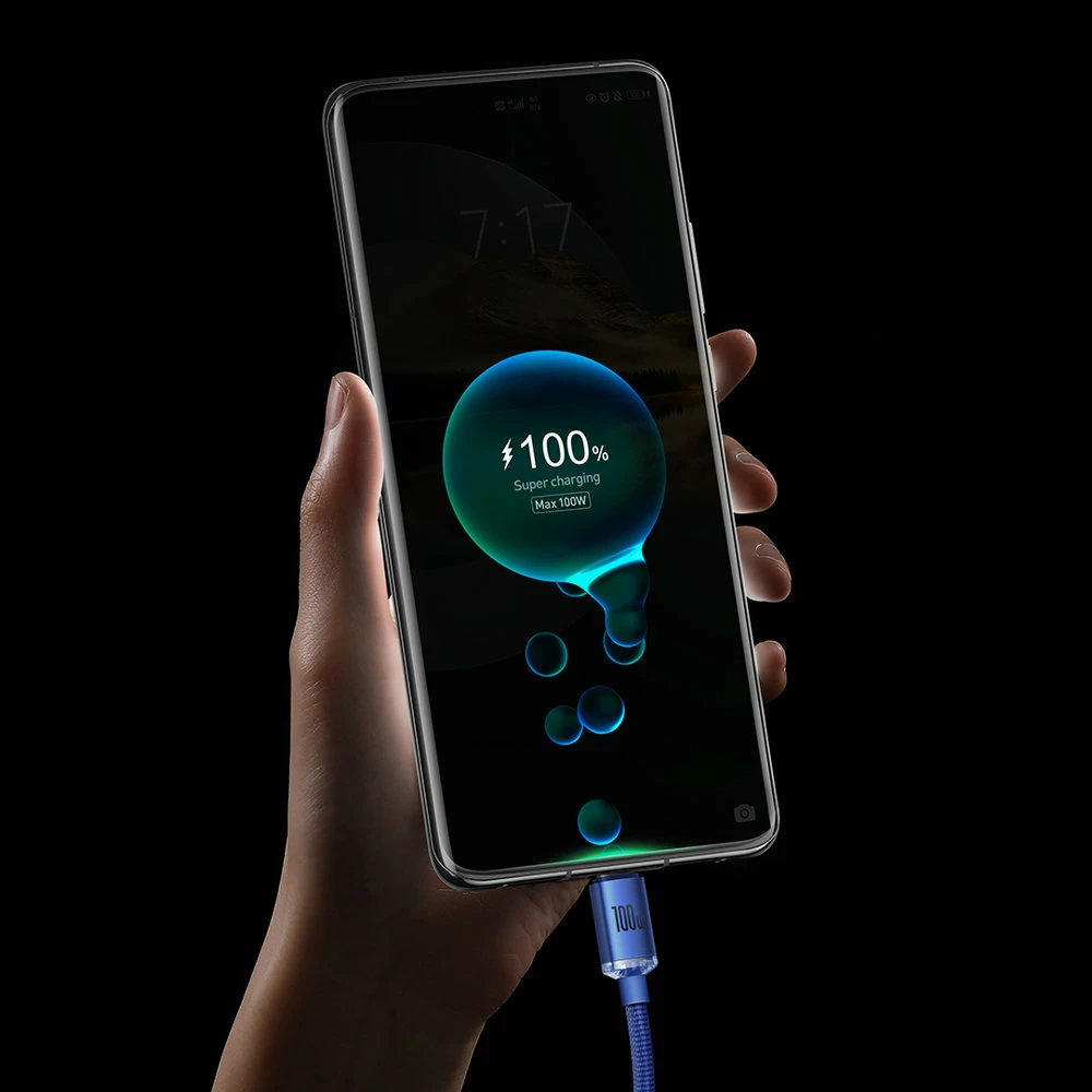 Kabllo karikimi e shpejtë Baseus Crystal Shine Series USB-A në USB-C, 1.2m, 100W, Kaltër