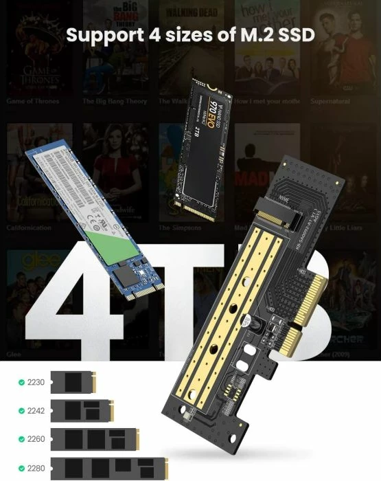 Adapter PCIe në M.2 NVMe UGREEN 70503, PCIe 3.0 x4, për SSD 2230/2242/2260/2280, deri 4TB, 32Gbps, e zezë, set me vida + kaçavidë