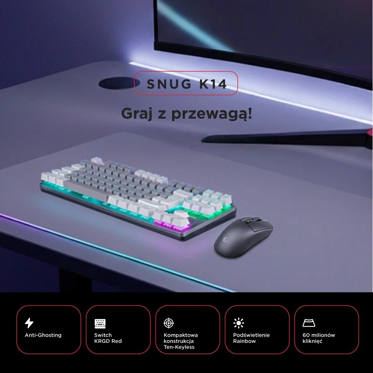 Tastierë mekanike Rampage Snug RGB, KRGD Red Switch, 80%, anglisht, e bardhë-gri