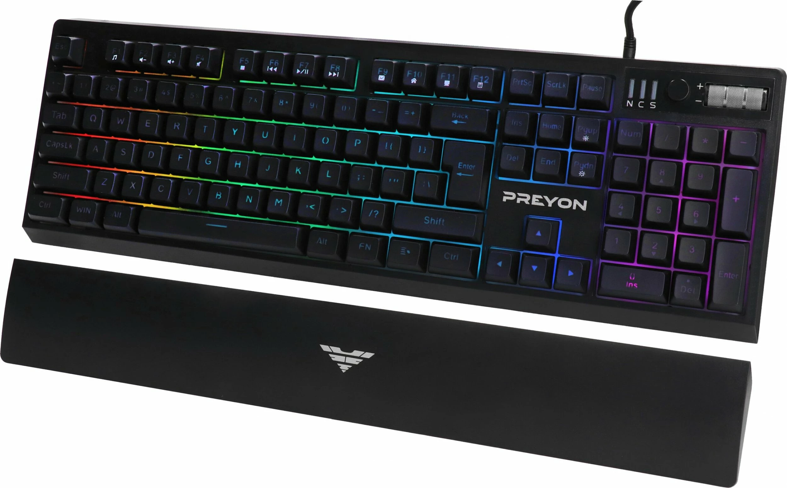 Tastierë gaming PREYON Long Claw Alpha PLCA104B, 100%, membranë, RGB, USB me kabllo, layout US, me mbështetëse dore magnetike, e zezë