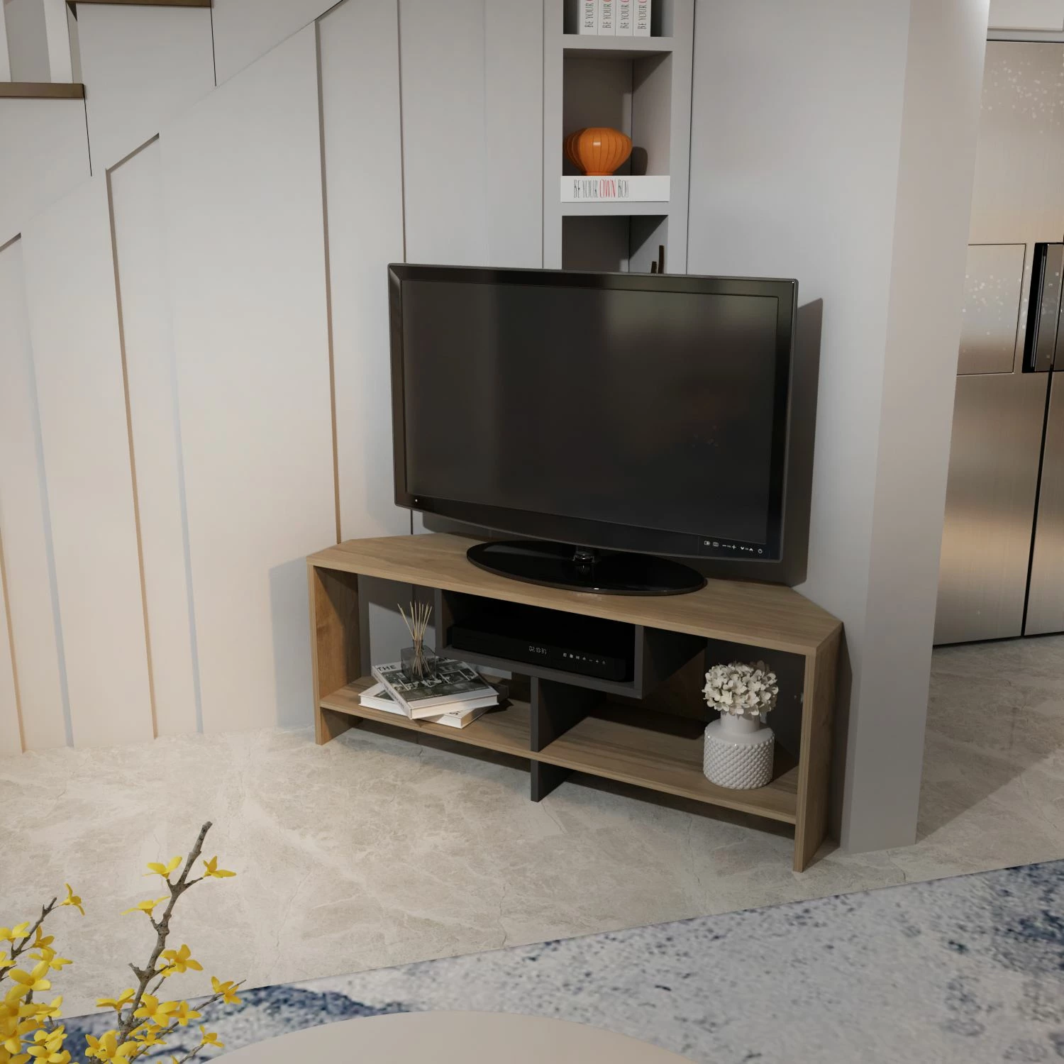 Komodë TV Skye Decor, Maldiv, ngjyrë arre dhe e bardhë