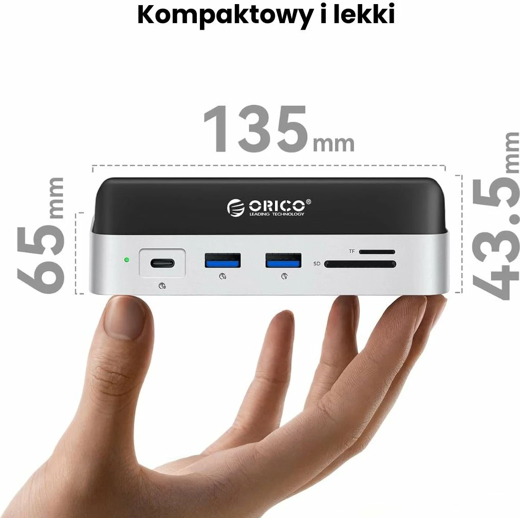 Docking station Orico MiniDock për Mac Mini M4, USB-C 10Gbps, me strehë M.2 NVMe/NGFF, HDMI 4K@60Hz, LAN, SD/microSD, PD 100W, vertikale, silver