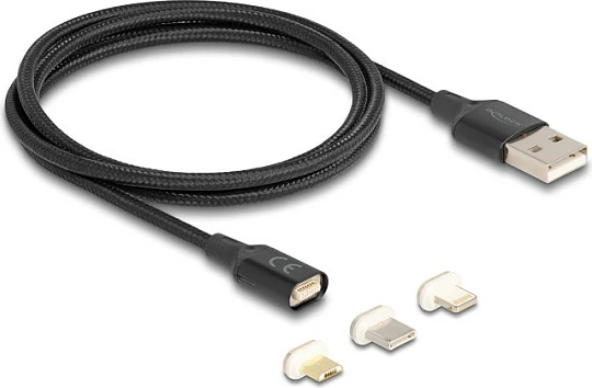 Kablë karikimi DeLOCK 88165, USB-A, 1m, magnetike 3-në-1 (Lightning/Micro-USB/USB-C), e zezë