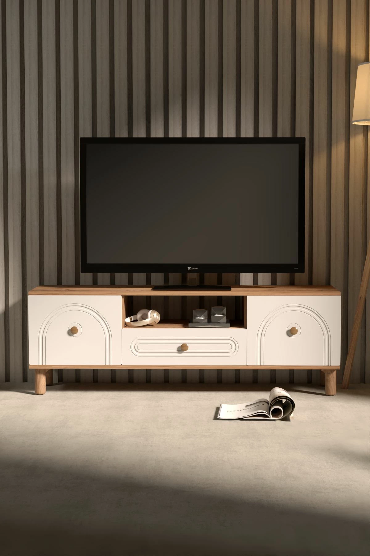 Komodë TV Skye Decor, Serenta 180, ngjyrë Atlantic Pine dhe e bardhë