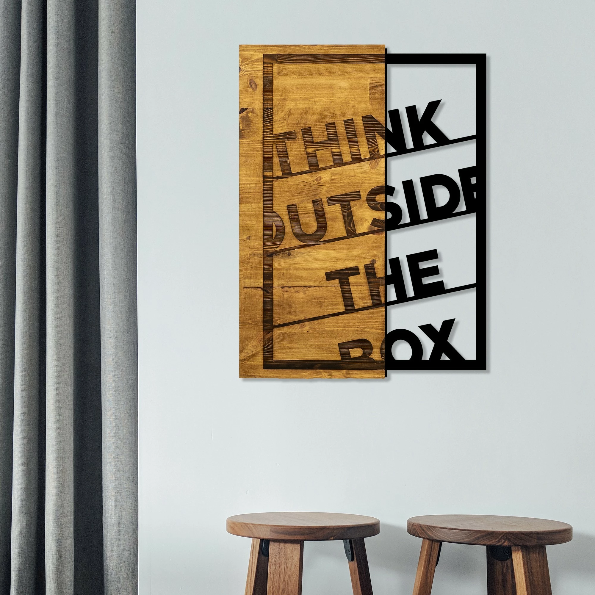 Aksesor dekorativ për mur, dru arre dhe metal, Think Outside The Box, 42x58cm