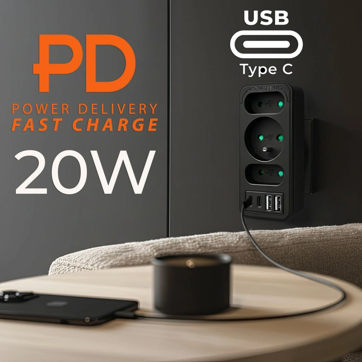 Shpërndarës prizash, Maclean MCE248 F/B, 3 dalje (2 të sheshta + 1 me tokëzim), 2x USB-A + 2x USB-C PD 20W, zi