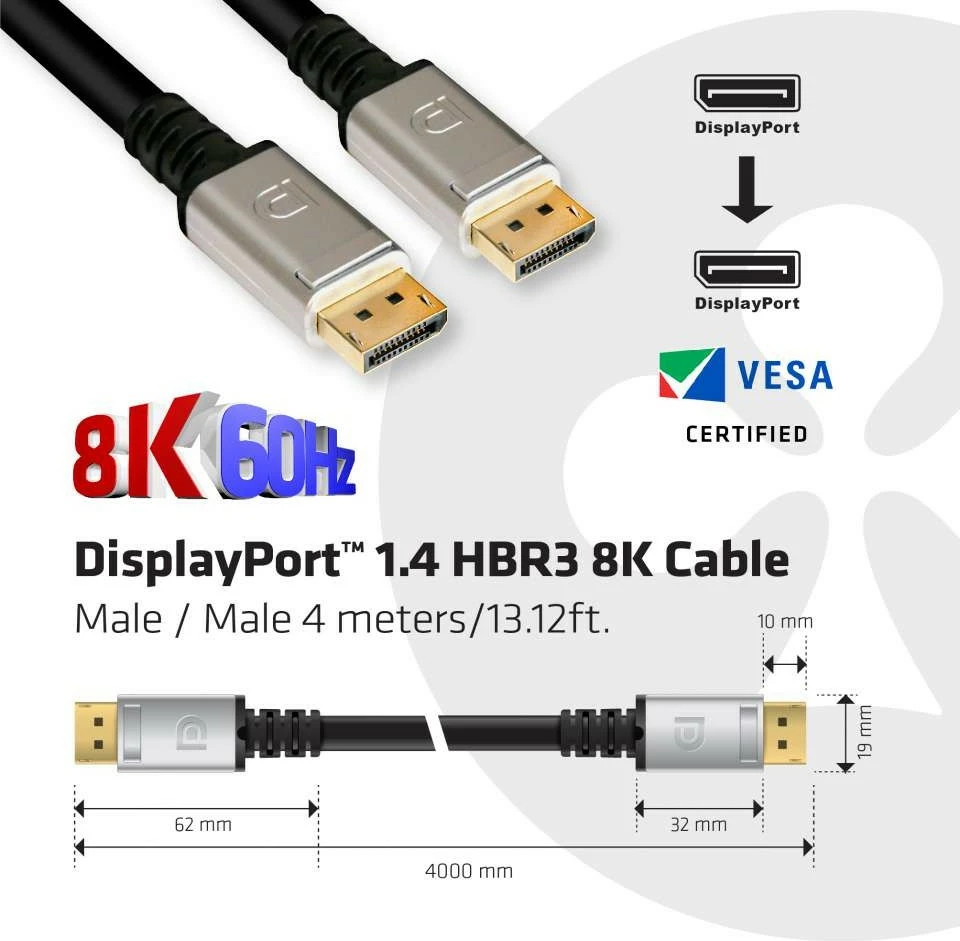 Kabllo DisplayPort Club3D 1.4, 4m, 8K, zi/argjendtë