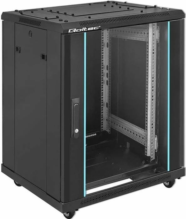 Kasë RACK Qoltec 54518, 19", 15U, 600x855x600mm, xham i fortë, këmbë + rrota, e zezë