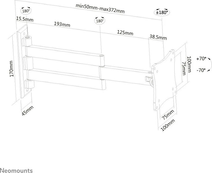 Mbajtës muri Neomounts FPMA-W830BLACK, 75 x 75 mm, 100 x 100 mm, 0 - 140°, 0 - 180°, Alumini, E zezë