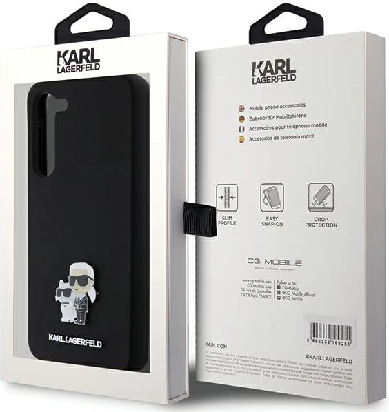 Mbështjellës Karl Lagerfeld Silicone Karl&Choupette Metal Pin për Samsung Galaxy S24+, i zi