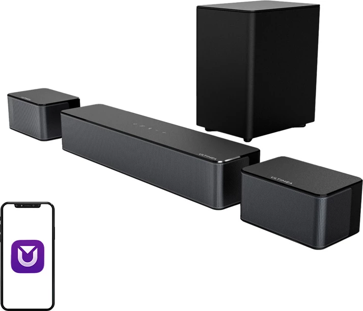 Soundbar Ultimea Poseidon D50 U2500 5.1 320W me subwoofer pa tela dhe 2 altoparlantë satelitë, e zezë